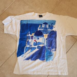 White Short Sleeve Tee with Blue Santorini-Style Graphic
